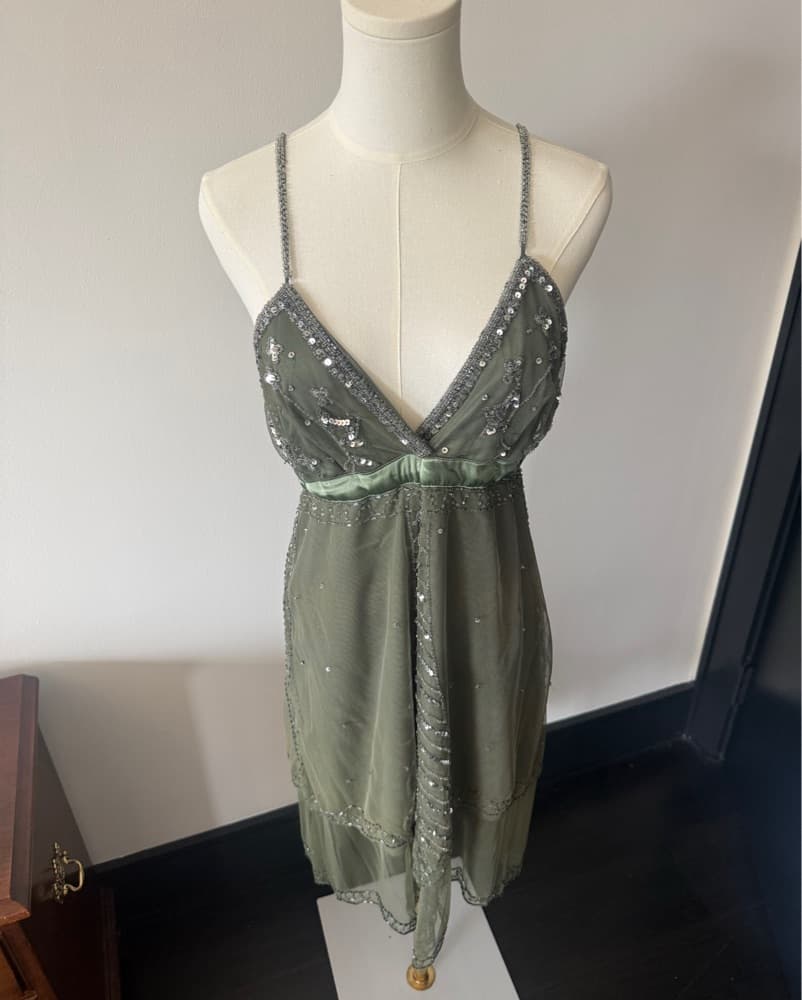 Sequin Embellished Sage Green Midi Dress - Image 3