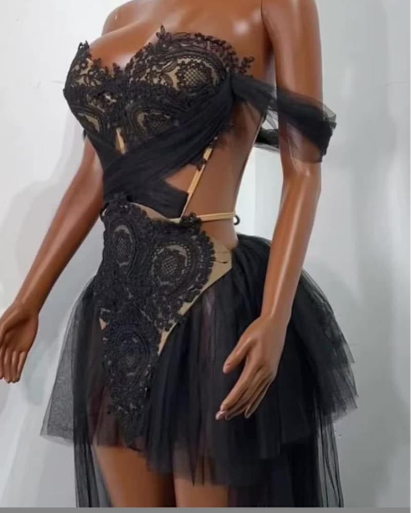 Elegant Black Lace Overlay Gown - Image 1