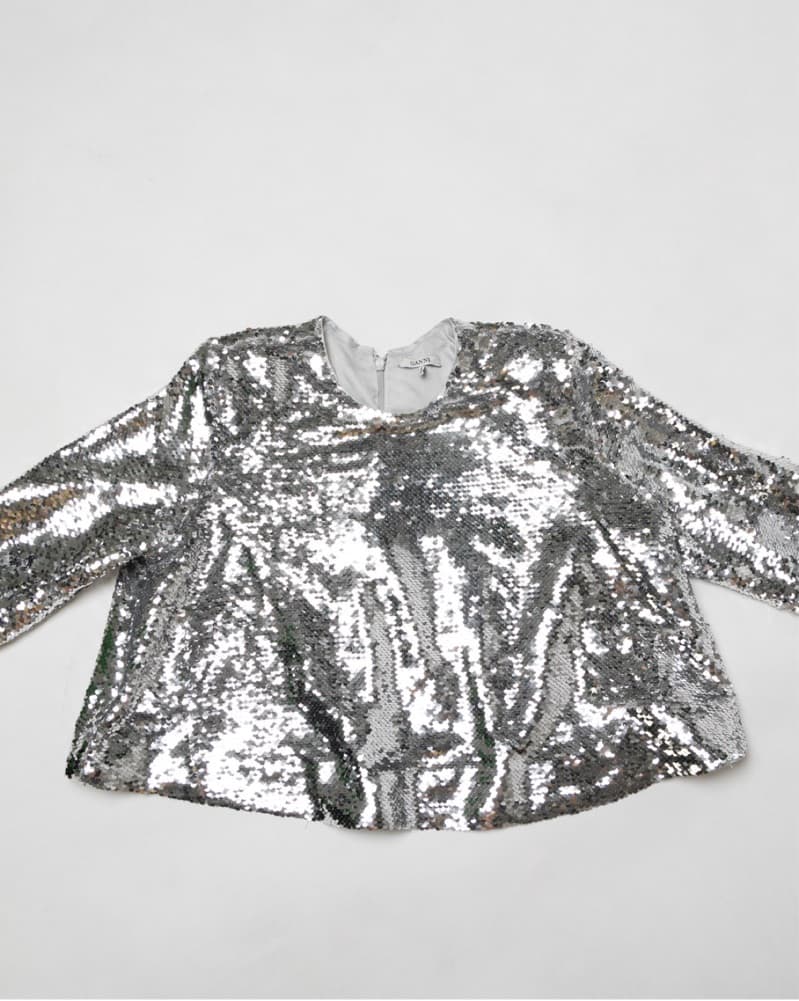 Ganni Sequined Georgette Top In Silver - Image 2