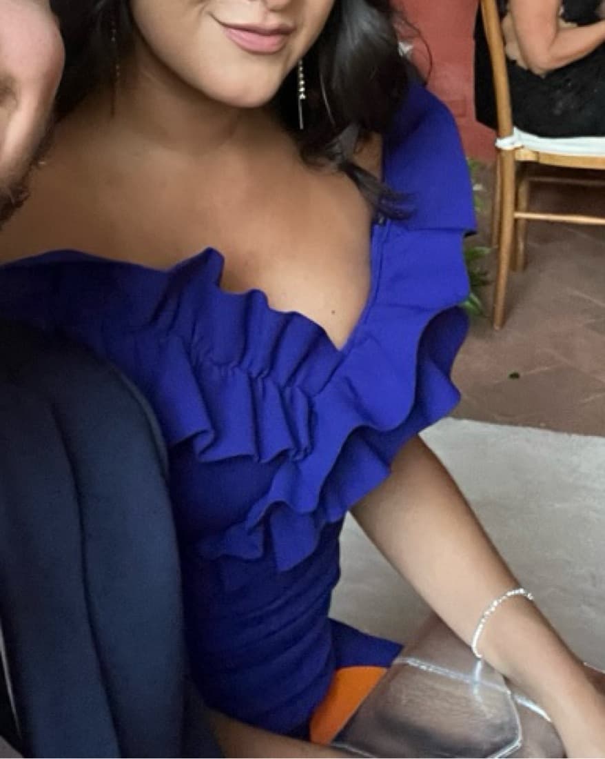 Blue Off The Shoulder Ruffle Gown - Image 4