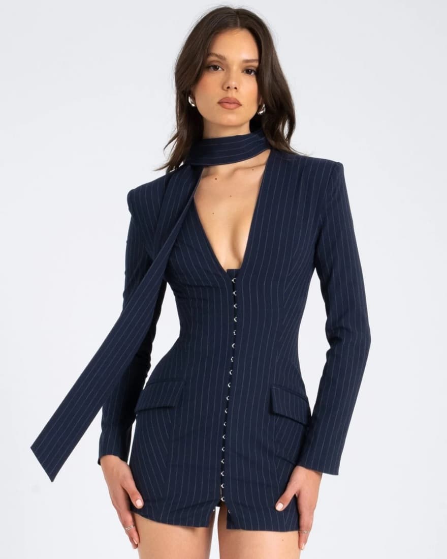 Miss Circle Tahlia Deep V Pinstripe Dres - Image 1