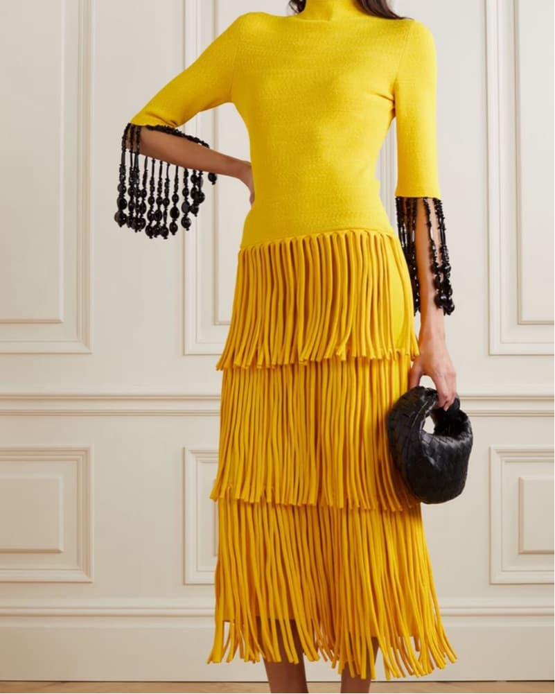 Vibrant Yellow Fringed Midi Dress - Image 1