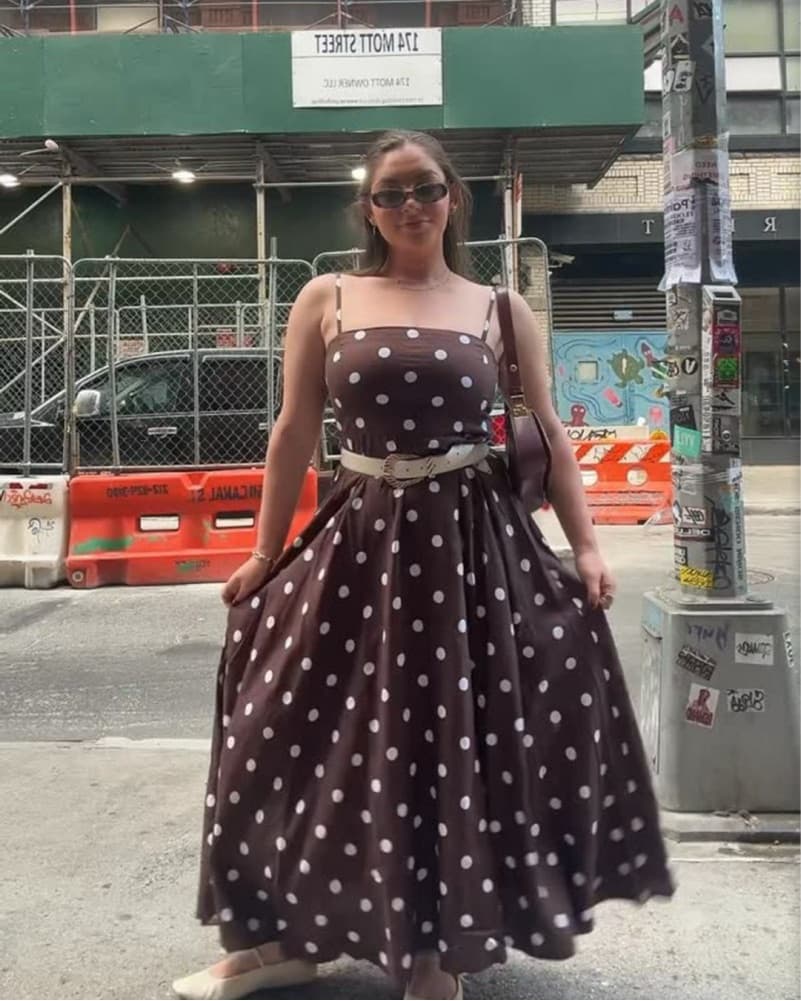 Chic Brown Polka Dot Midi Dress - Image 1