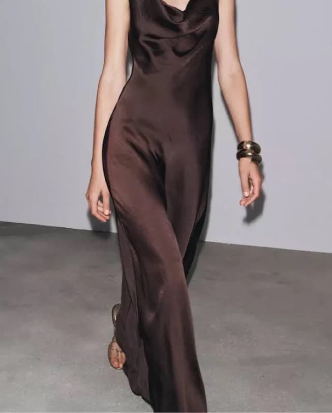 Zara Long Satin Brown Dress - Image 1