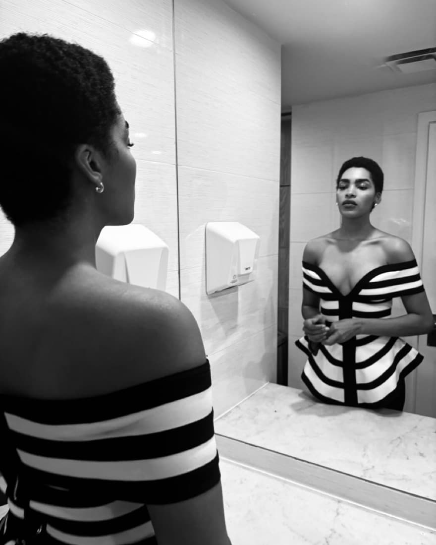 Striking Monochrome Off-Shoulder Dress - Image 5