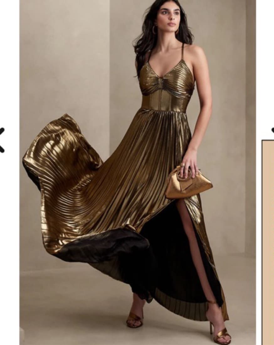 Gold Pleated Maxi Dress With Slit - Image 5