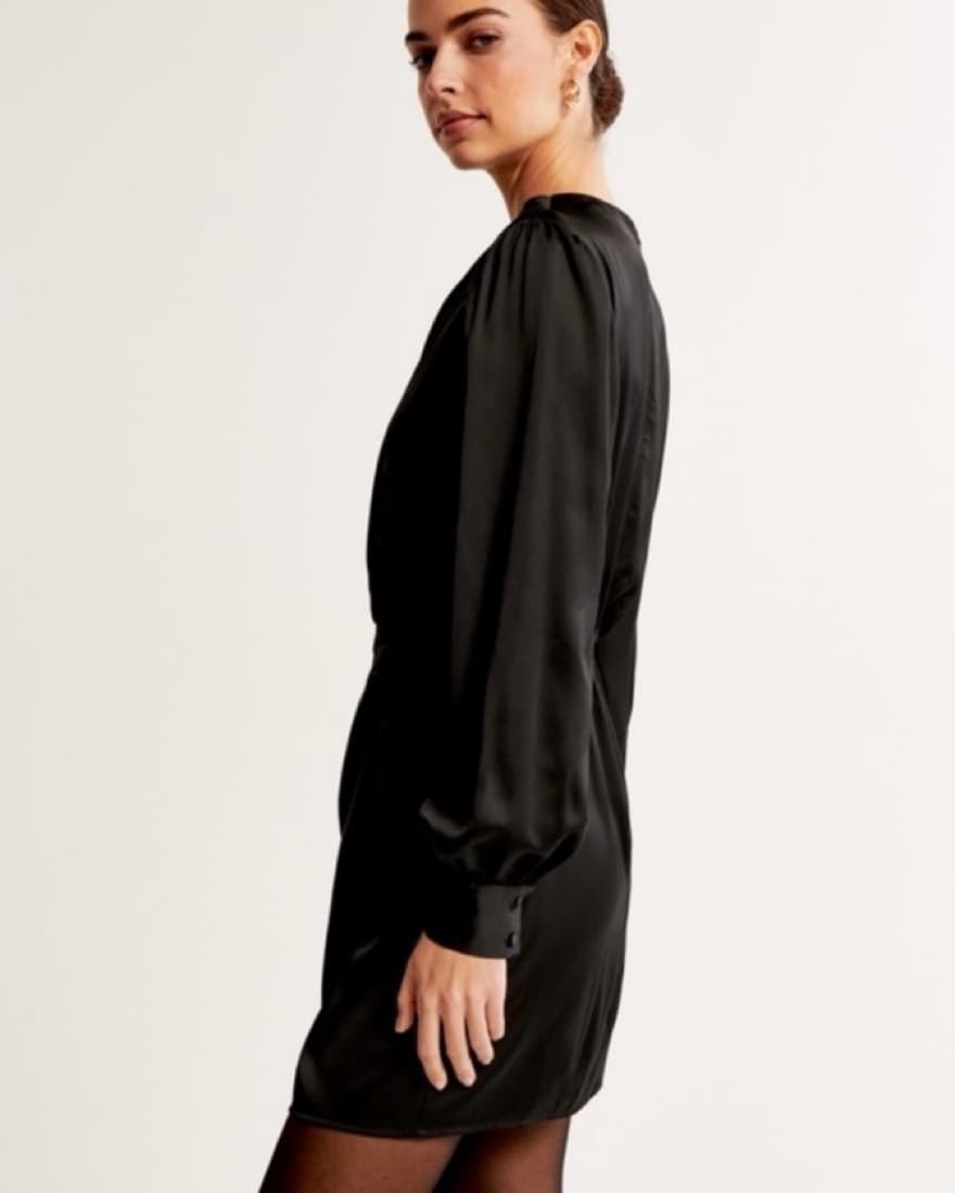Long-Sleeve Satin Draped High-Neck Mini  - Image 5