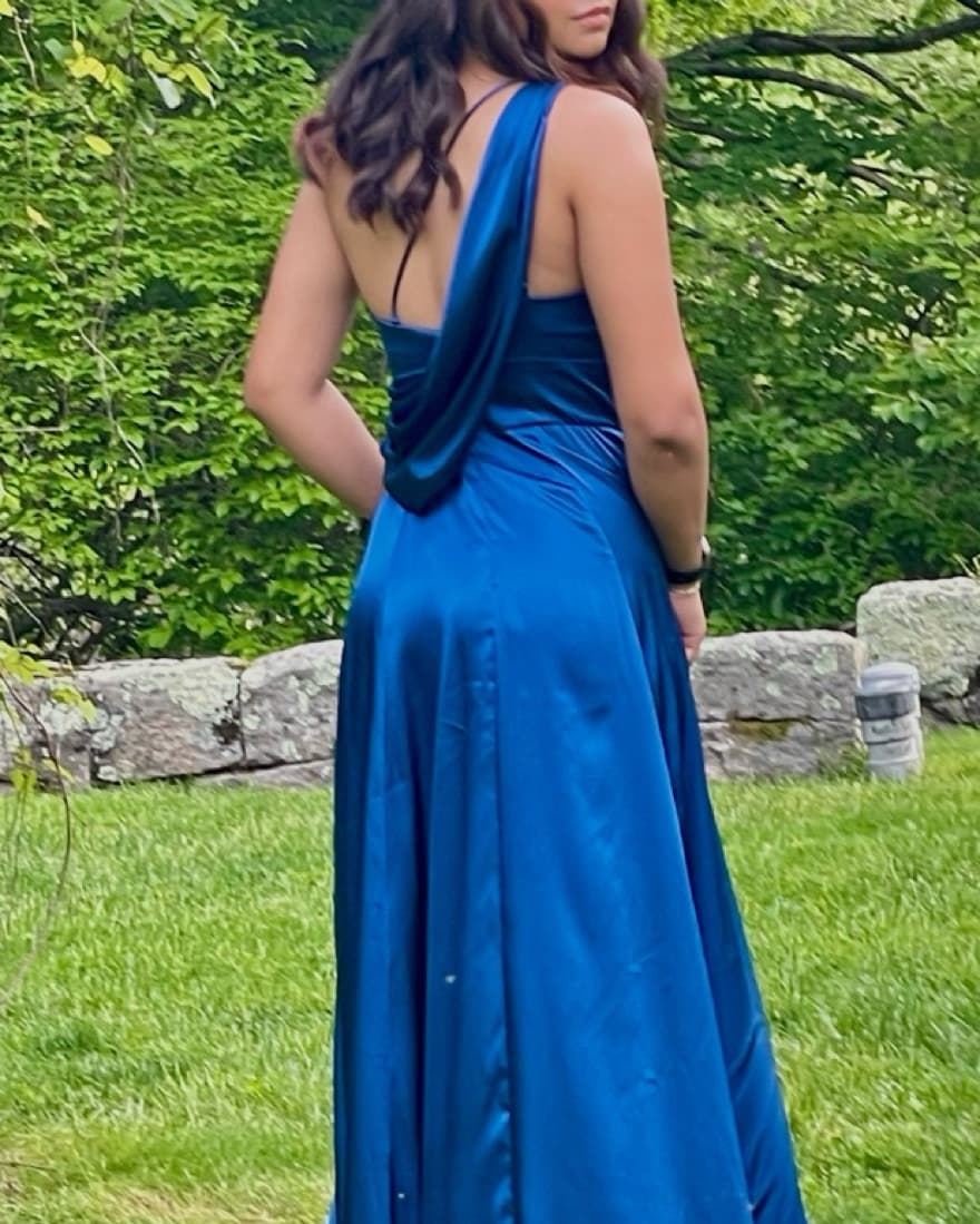 Blue silk Davids Bridal prom dress - Image 2