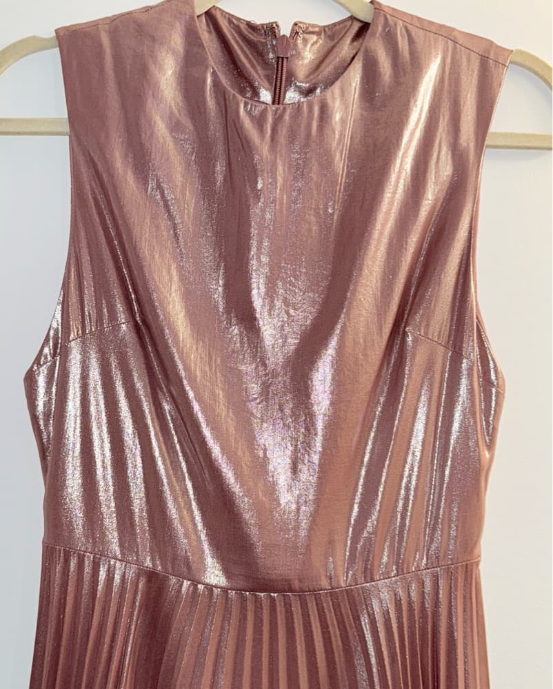 Pleated Metallic Pink Midi Dress - Image 2