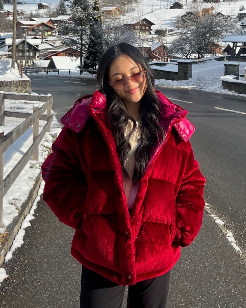 Red Moncler Velvet Down Jacket - Image 2