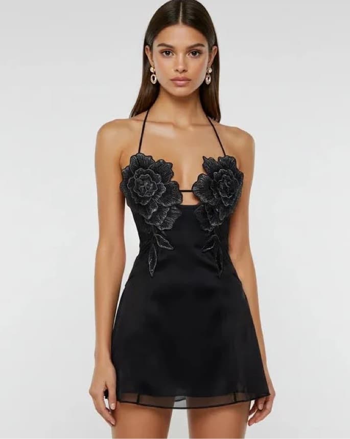 Flower Embroidered Mini Dress - Black  - Image 1