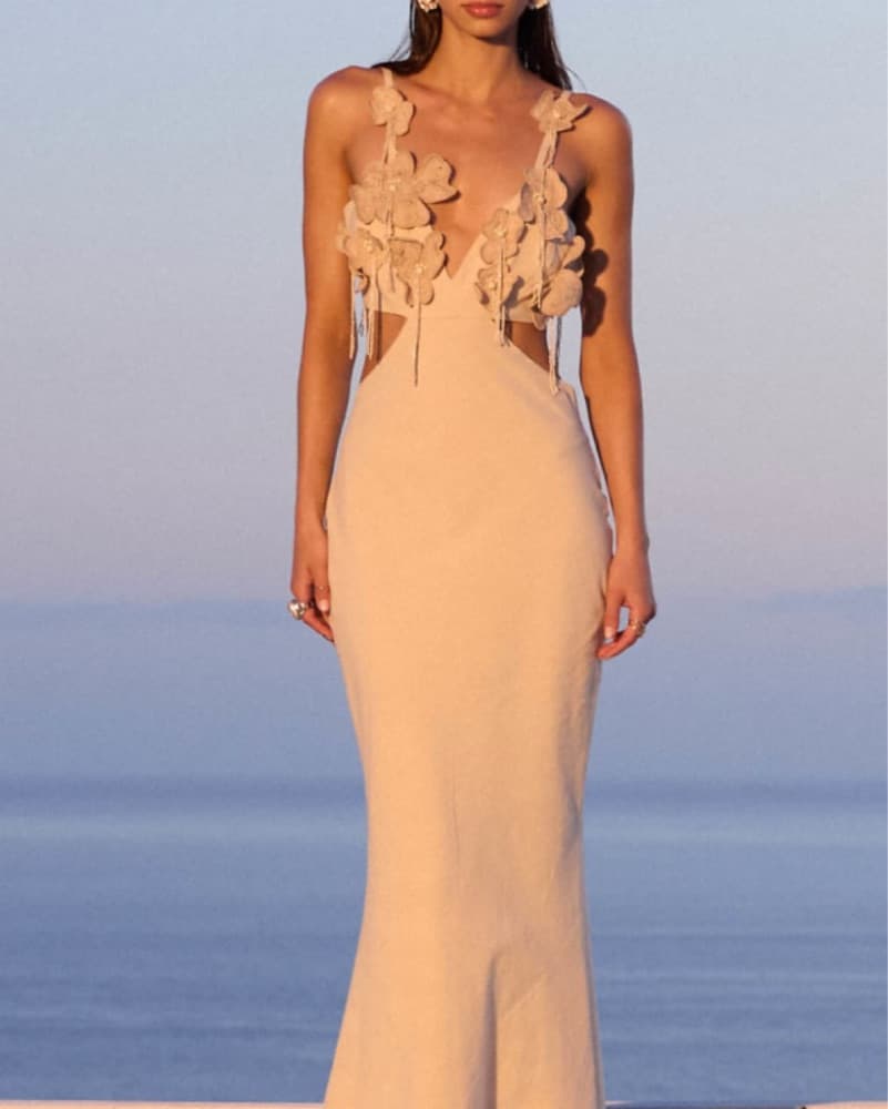 Beige Linen Cut-Out Maxi Dress - Image 1
