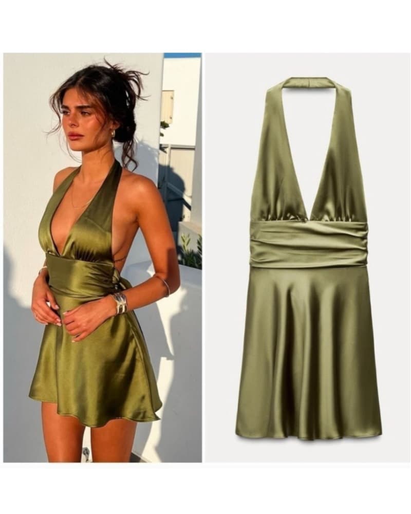 Zara Satin Olive Green Halter Dress - Image 2
