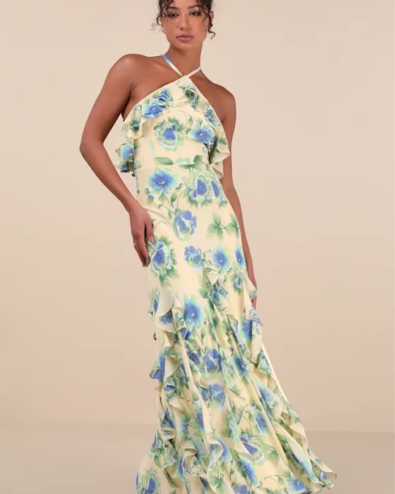 Casey Yellow Floral Halter Ruffled Maxi  - Image 1