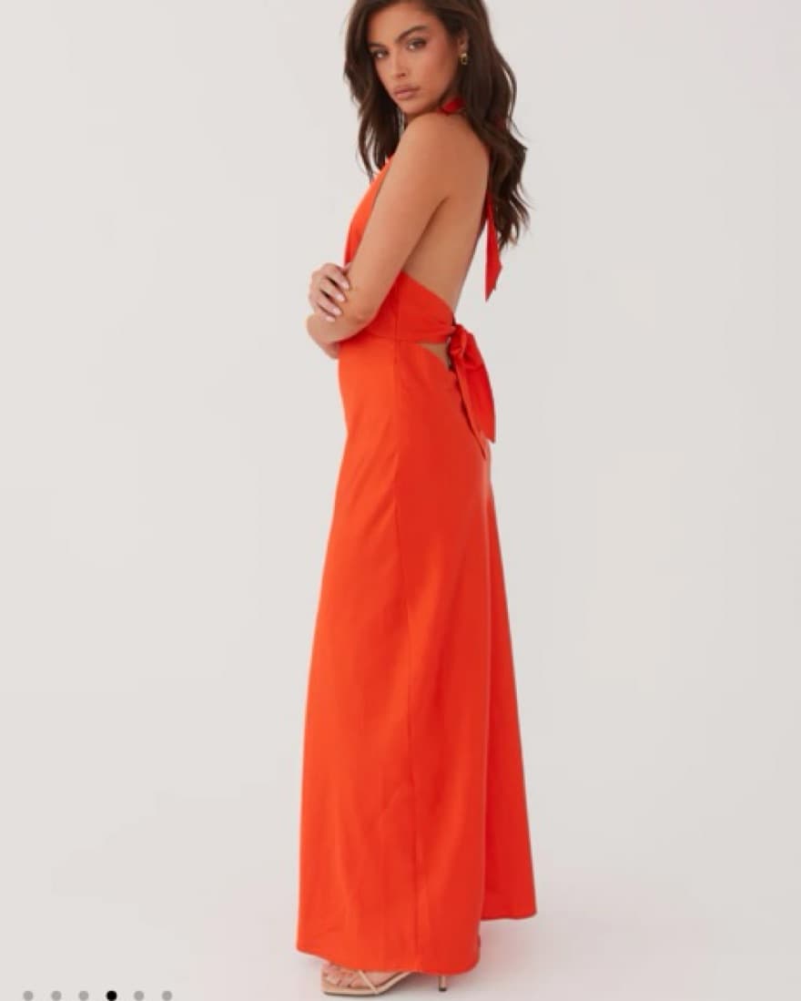 Glamorous Red Satin Halter Gown - Image 5