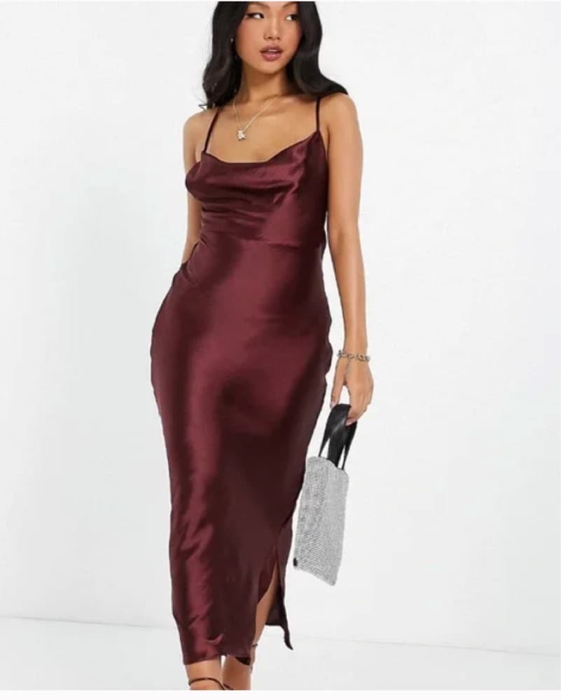 Asos Satin slip Dress Wine Red Cowl Neck - Image 1