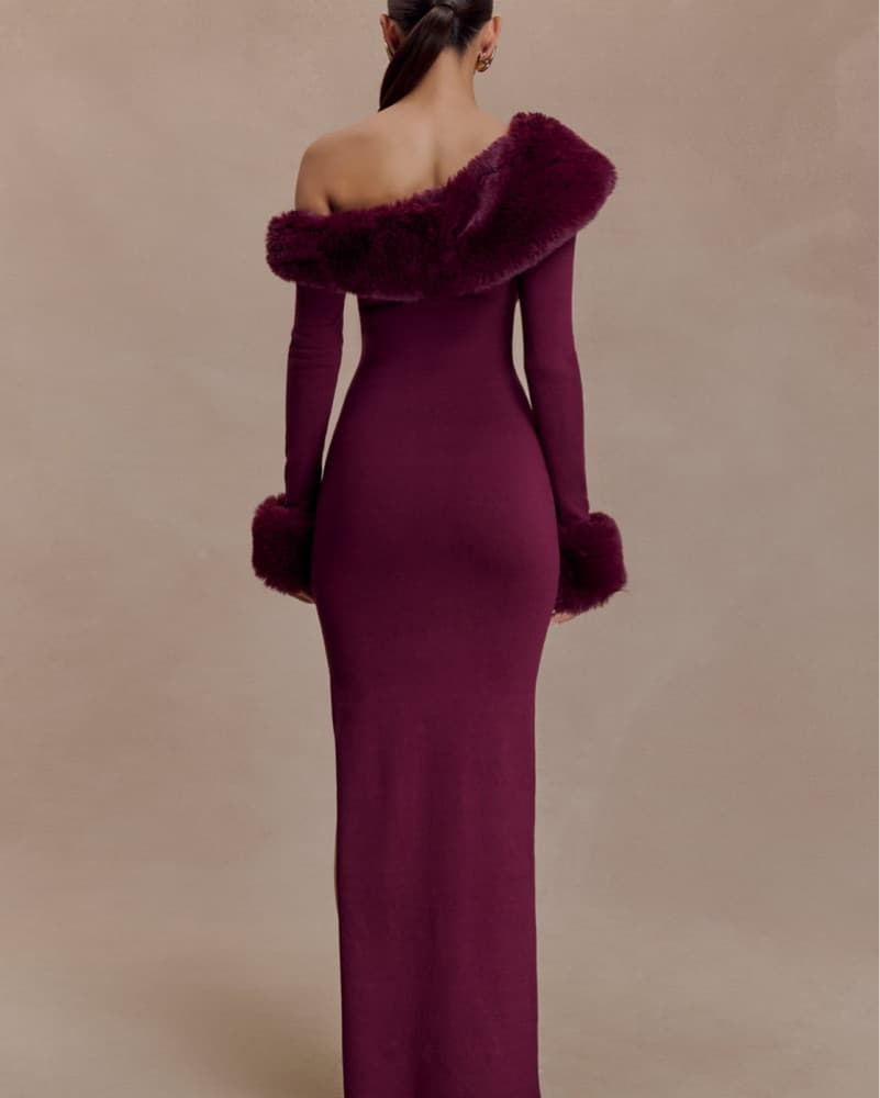 Luxurious Burgundy Faux Fur Maxi Dress - Image 2
