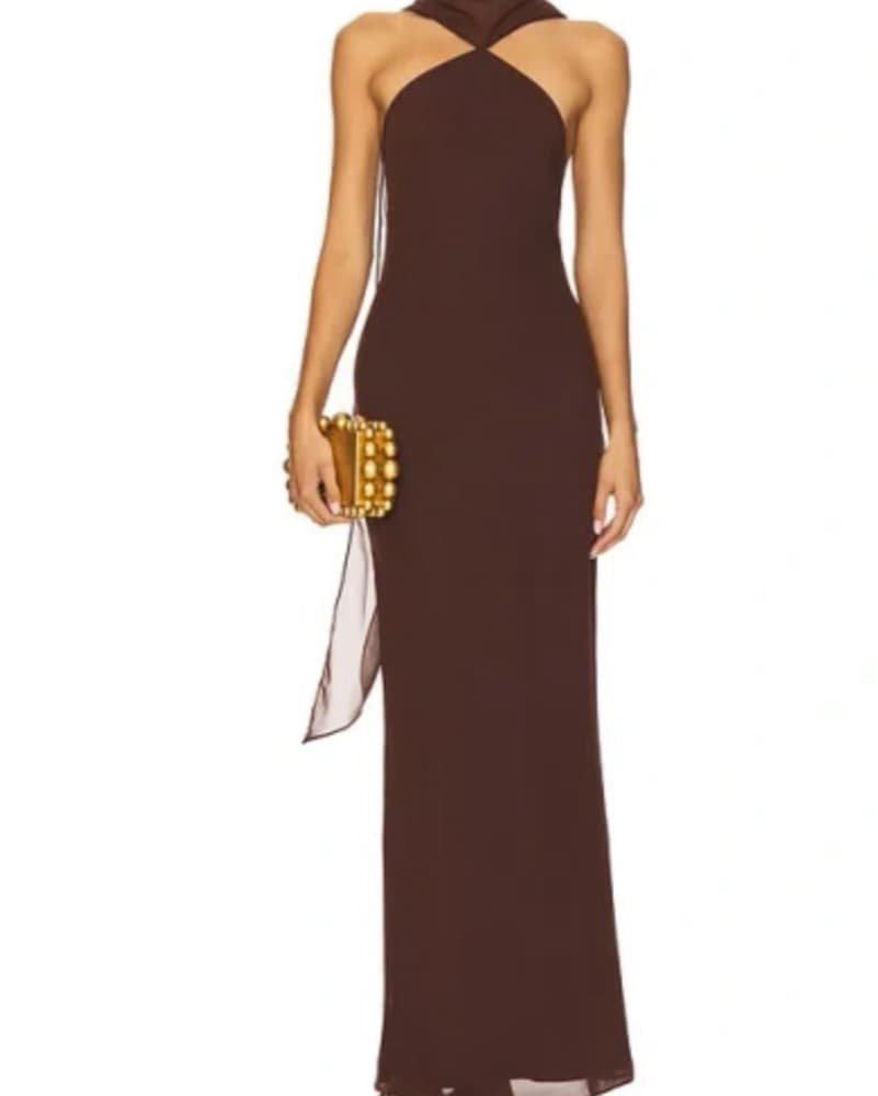 Brown Elegant Criss-Cross Halter Gown - Image 2
