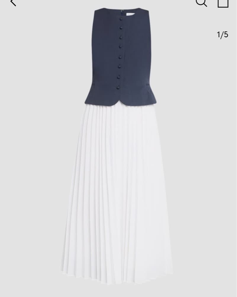 Pleated Midi Dress in Navy and White - Image 3
