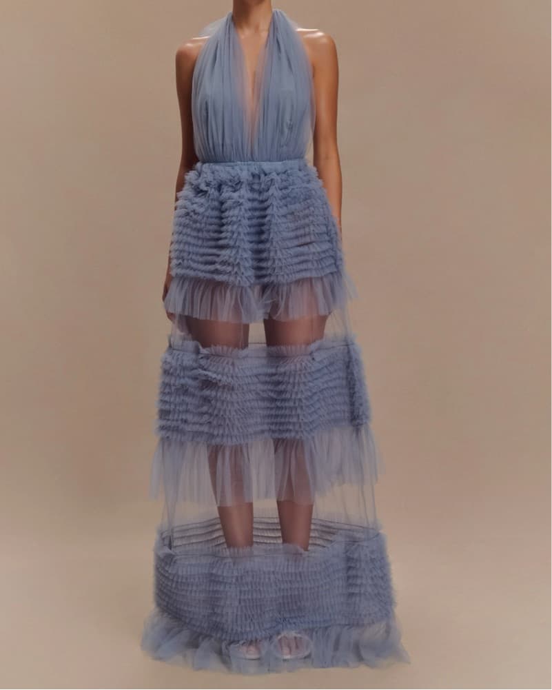 MESHKI Dusty Blue Chic Ruffle Dress - Image 1