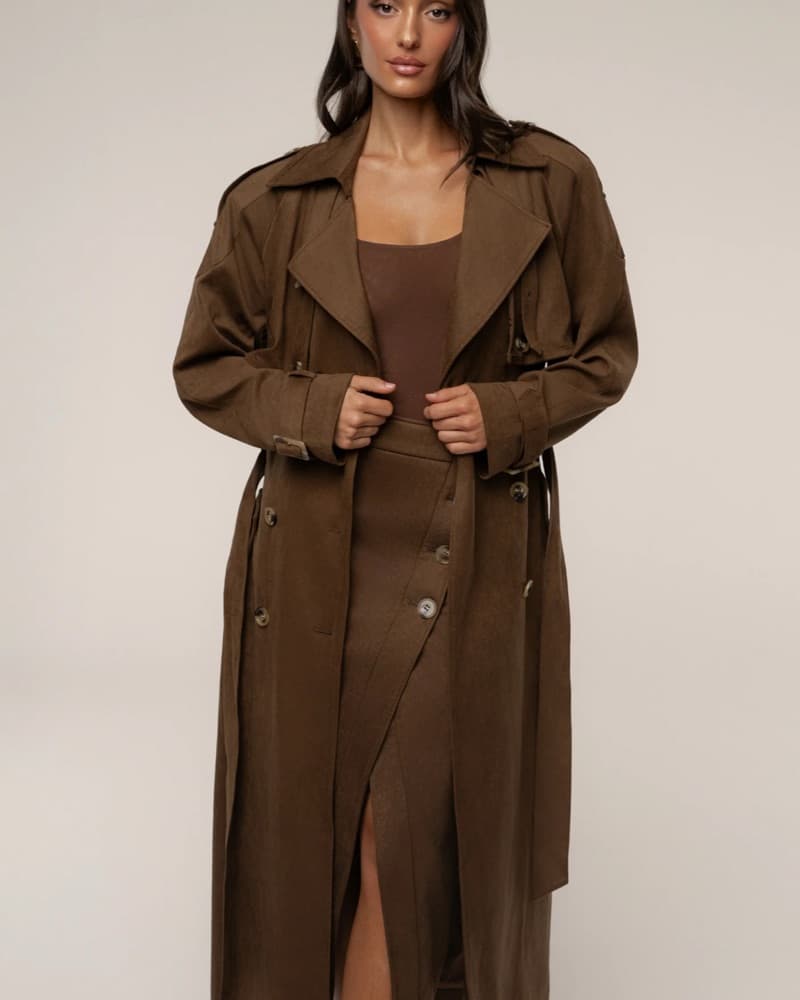 Elegant Suede Brown Trench Coat - Image 3