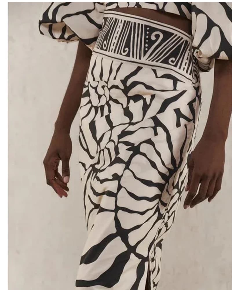 Striking Abstract Print Halter Crop Top and Midi Skirt Set - Image 2