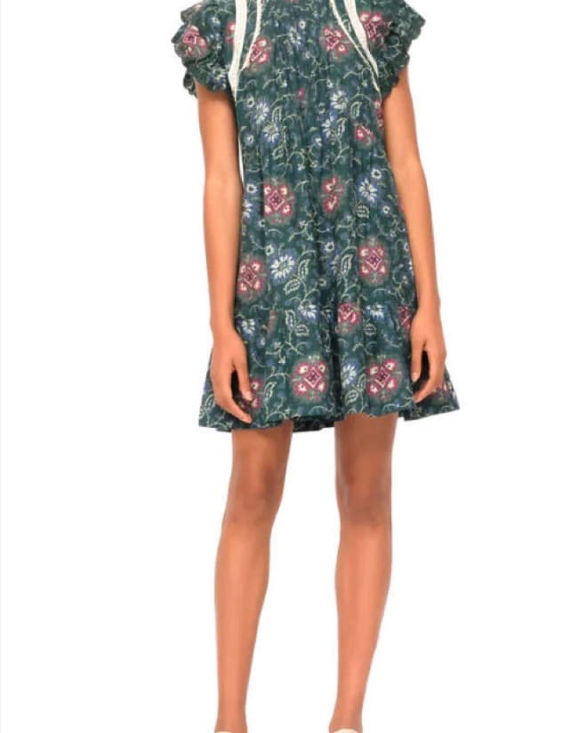 Forest Green Floral Puff Sleeve Dress - Image 2