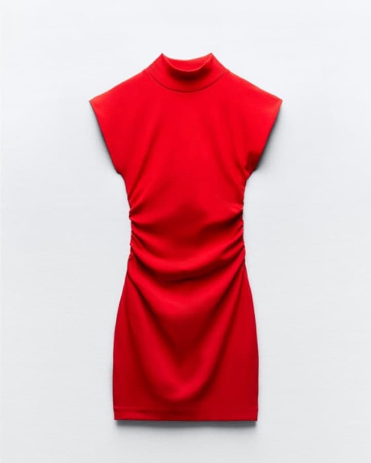 Red Fitted Dress With Ruching - Image 2