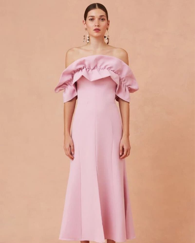 Ruffled Off-the-Shoulder Pink Midi Dress - Image 1