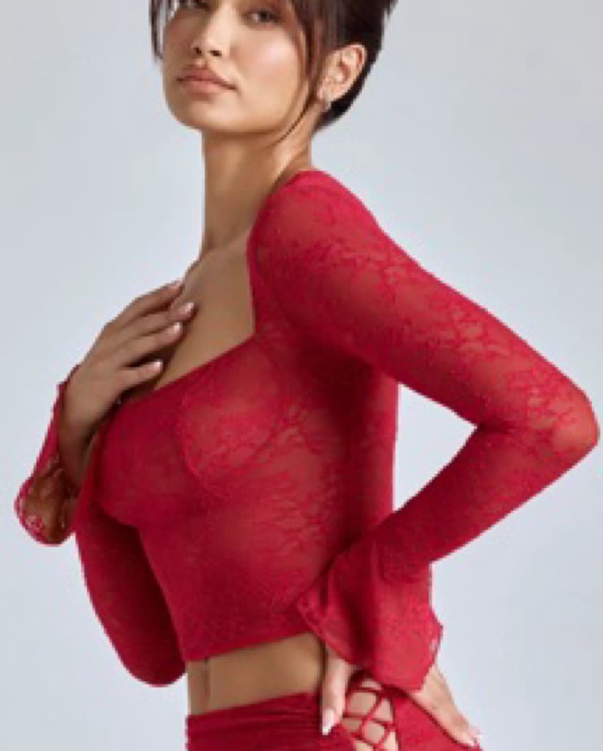 Oh Polly Red Lace Long Sleeve Lova Top - Image 3