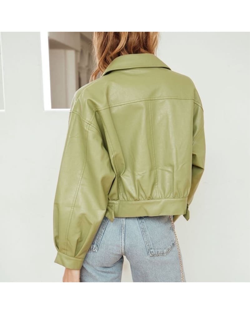 Sans Souci Green Cropped Leather Jacket - Image 3