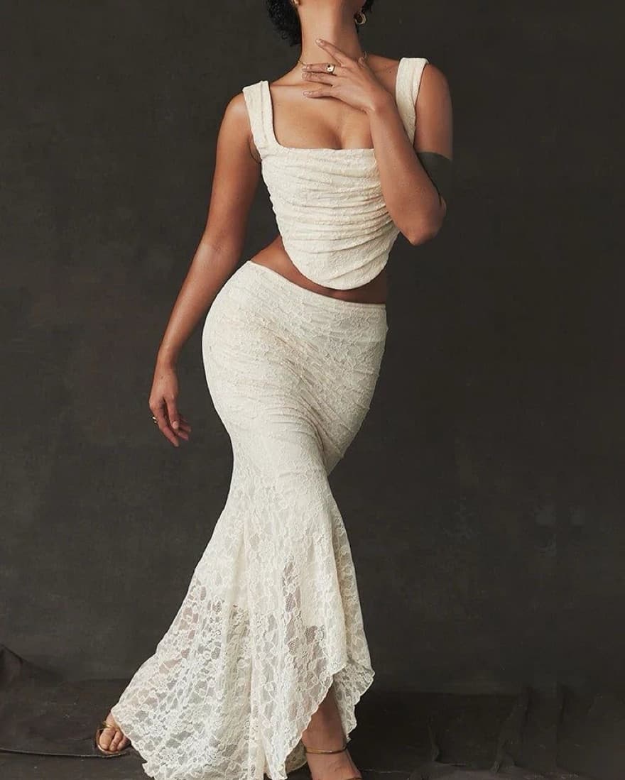 Cream Lace Two-Piece Maxi Dress Set - Image 1