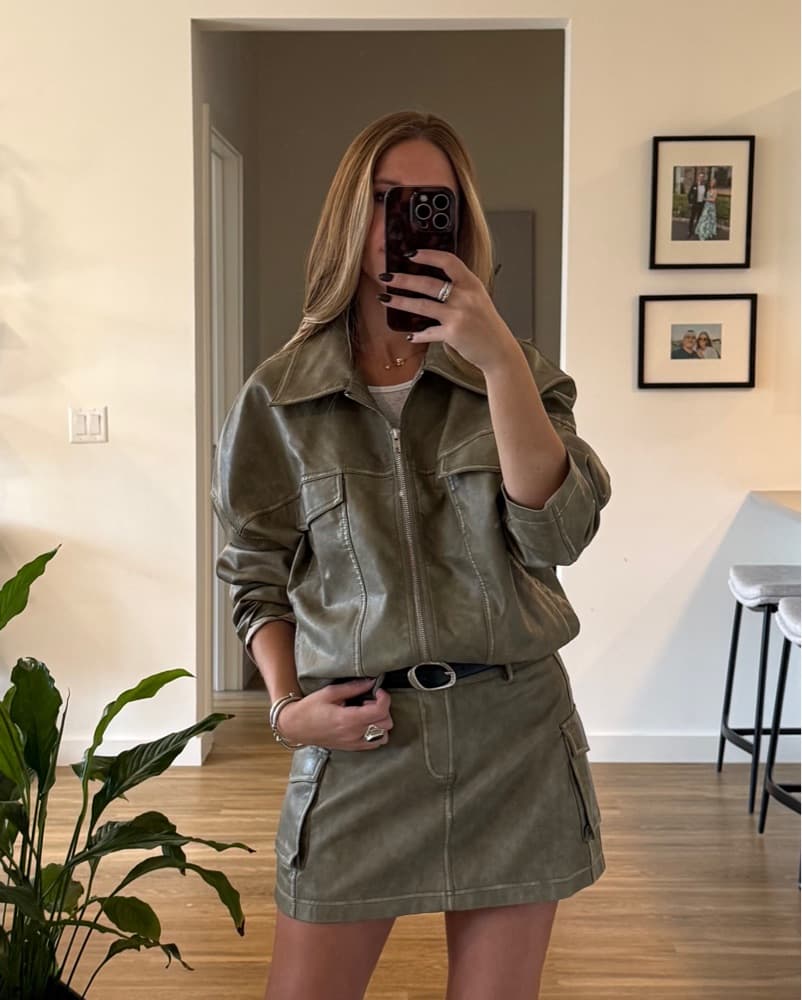 Vegan Leather Jacket and Mini Skirt Set - Image 2