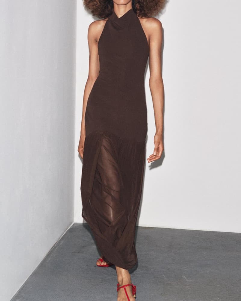 Brown Halter Maxi Dress with Sheer Ruched Hem - Image 1