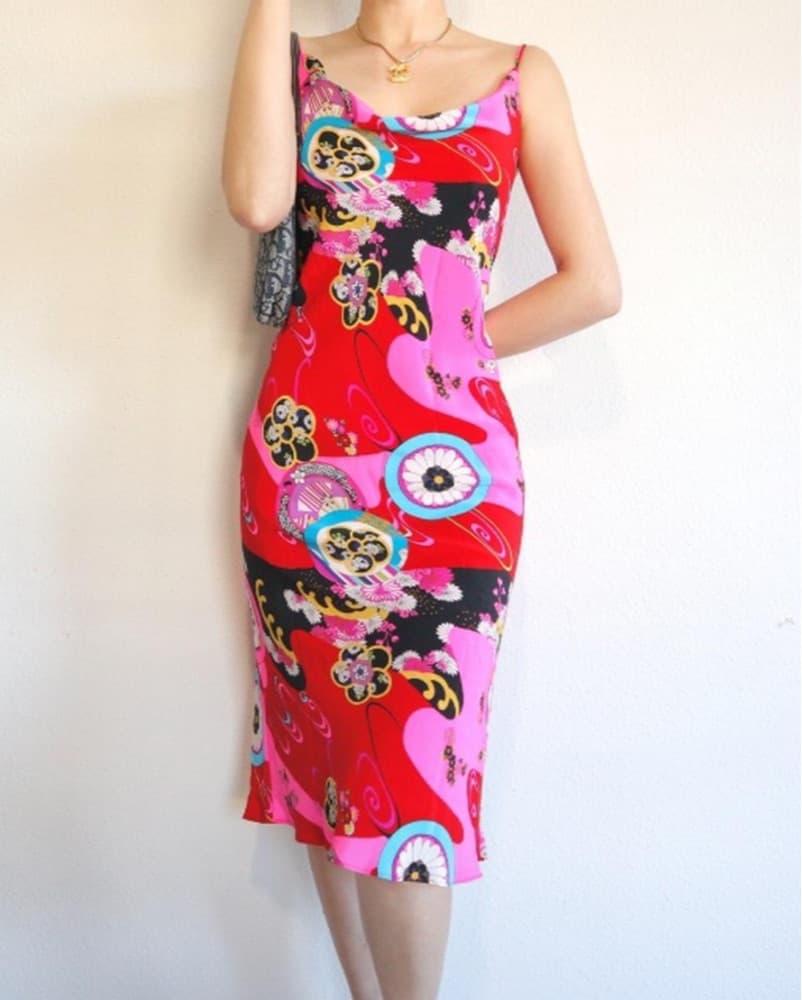 Glam Floral Red & Pink Cowl Midi Dress - Image 1