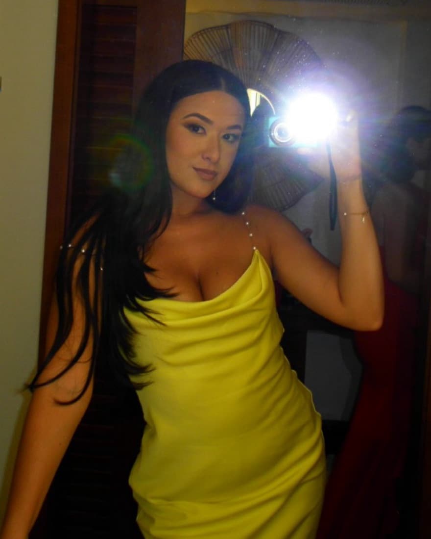 Yellow Satin Gown (with Pearl Details)  - Image 1