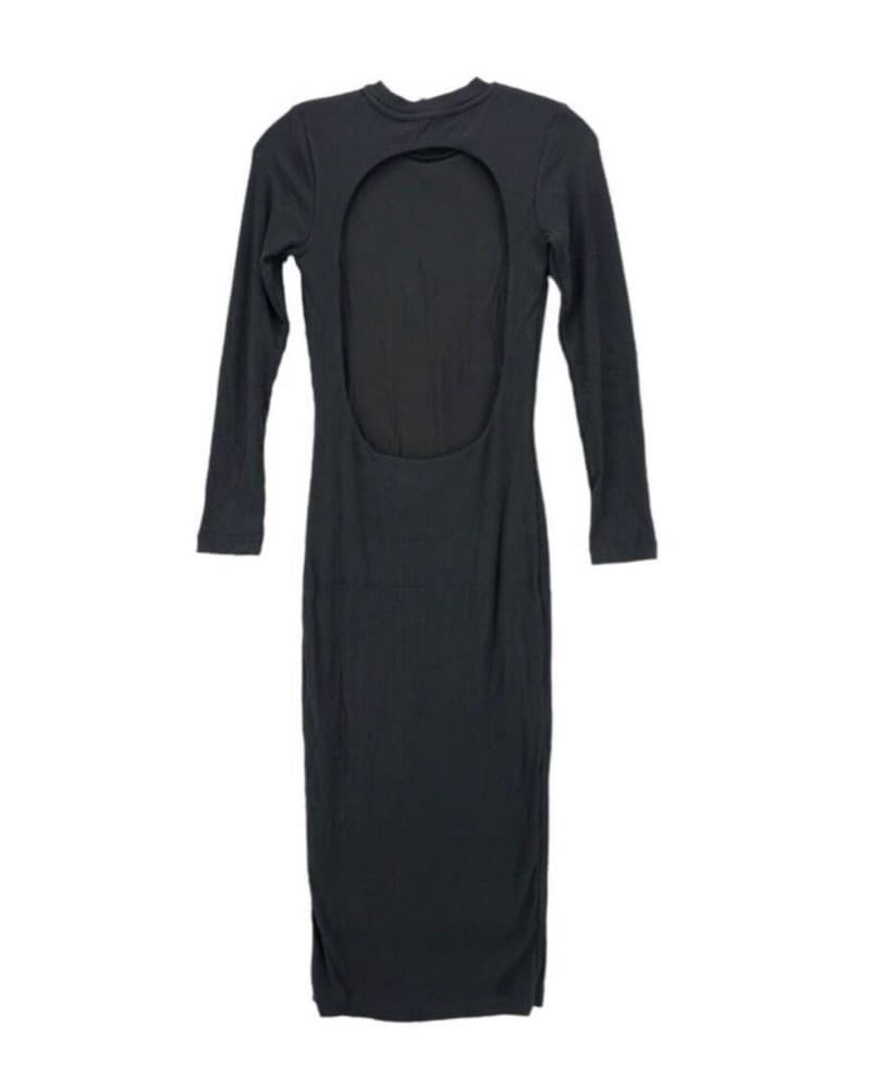 Black Ribbed Open Back Midi Dress - Image 2
