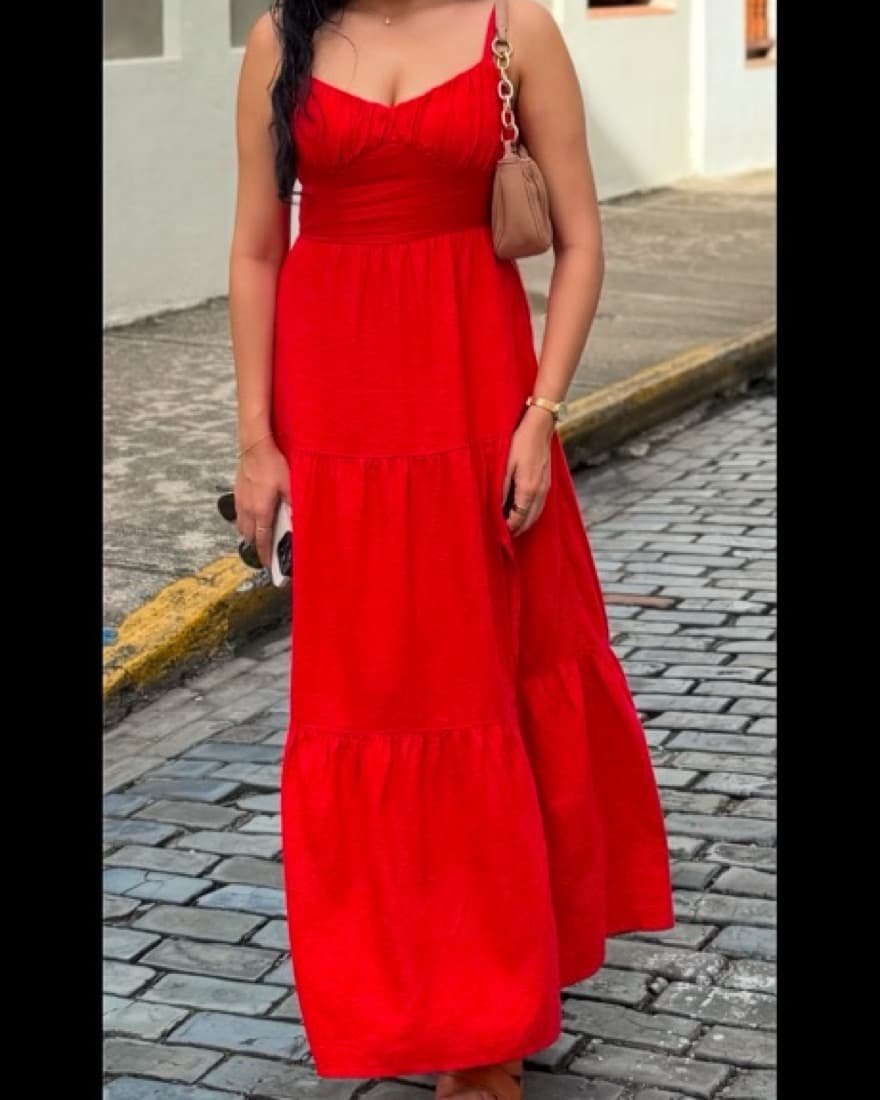 Crossback Red Linen Blend Pockets Dress - Image 1
