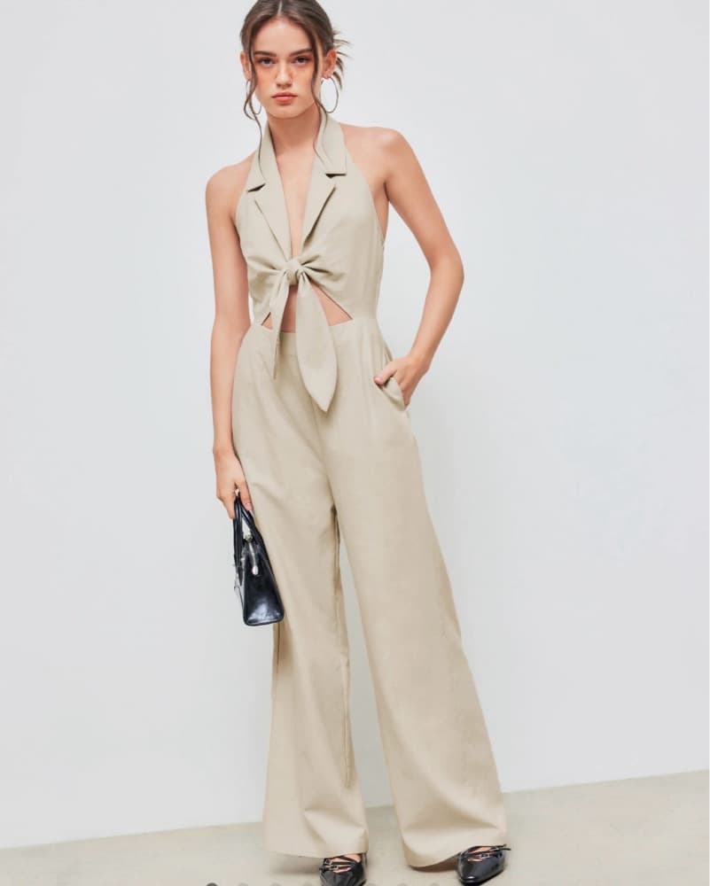 Linen Halter Front Knot Jumpsuit - Image 1