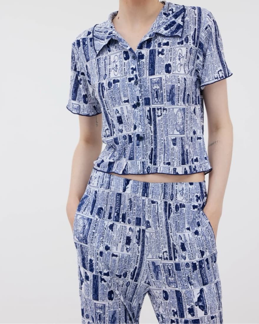 Retro Print Shirred Polo Top + Pants - Image 3