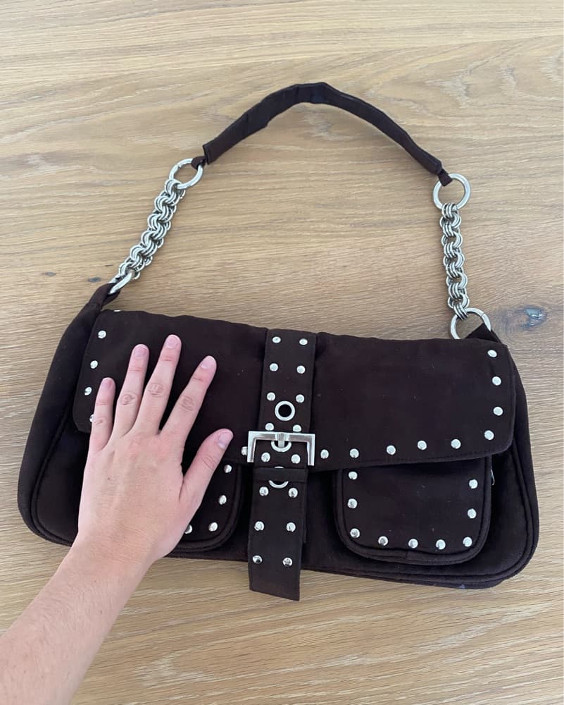 Brown Suede Studded Shoulder Bag - Image 2