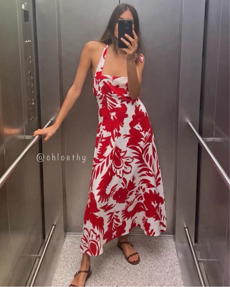Zara Red Floral Halter Dress - Image 1