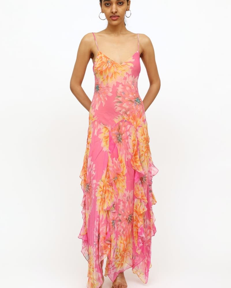 Vintage 90s pink Silk  floral dress - Image 2