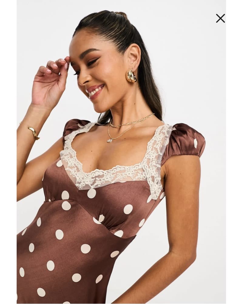 Polka Dot Lace Trim Satin Midi Dress - Image 3