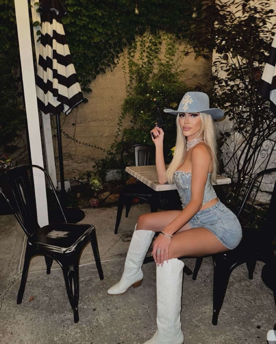 Denim Rhinestone Corset, Shorts & Hat  - Image 1