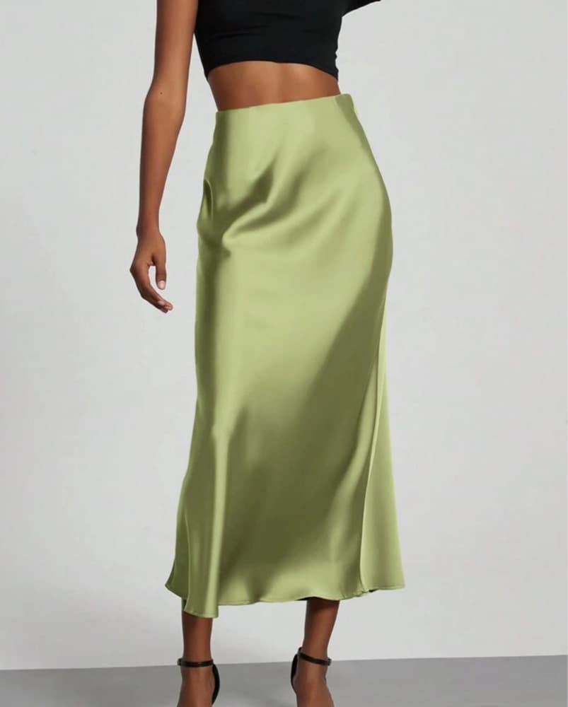 Sleek Green Satin Midi Skirt - Image 2