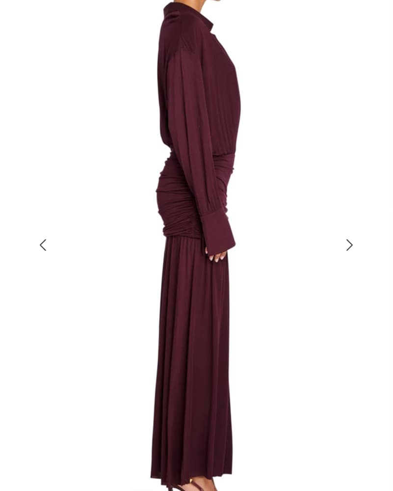Elegant Burgundy Ruched Midi Dress - Image 2