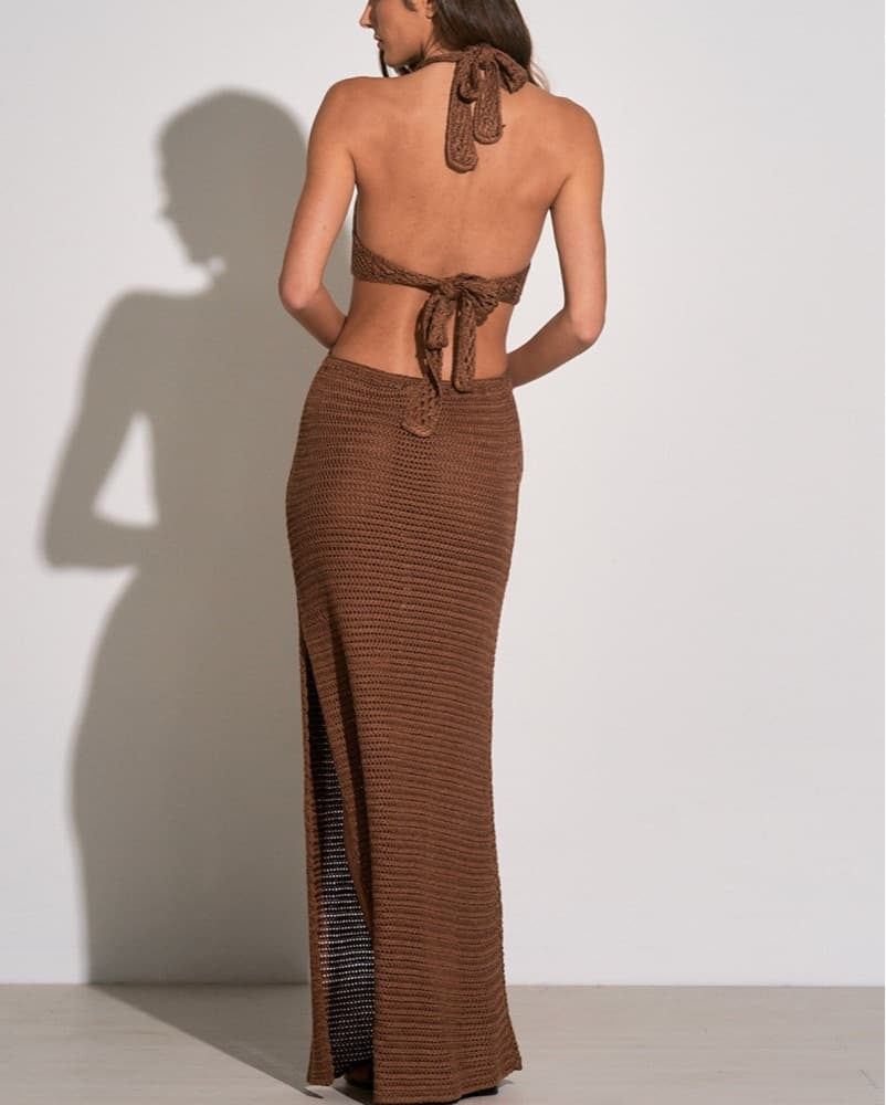 Elan Halter Brown Knit Cutout Maxi Dress - Image 3