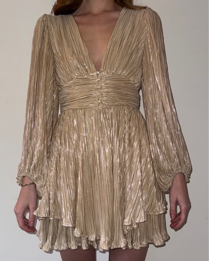 Shimmering Pleated Puff Sleeve Dress - Image 1