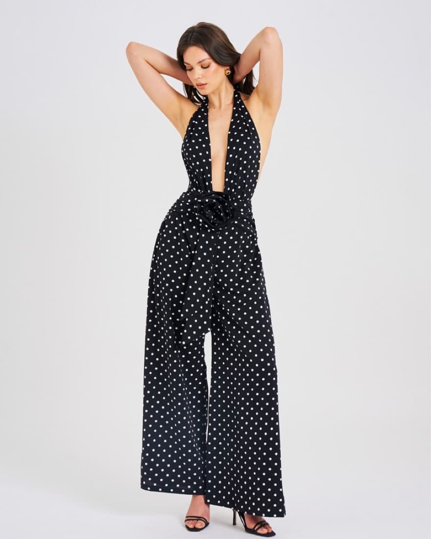 Black & White Polka Dot Halter Jumpsuit - Image 1